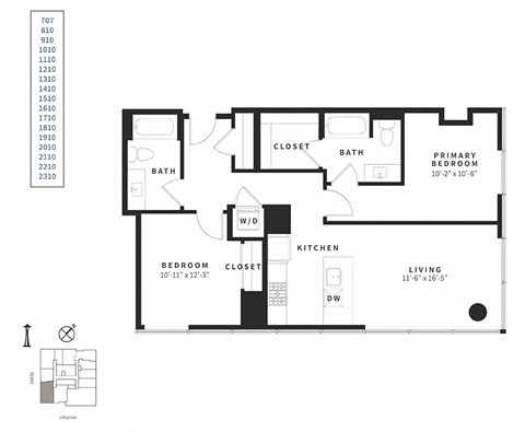 Floor plan for 2 beds, 2 baths, 1016 sqft